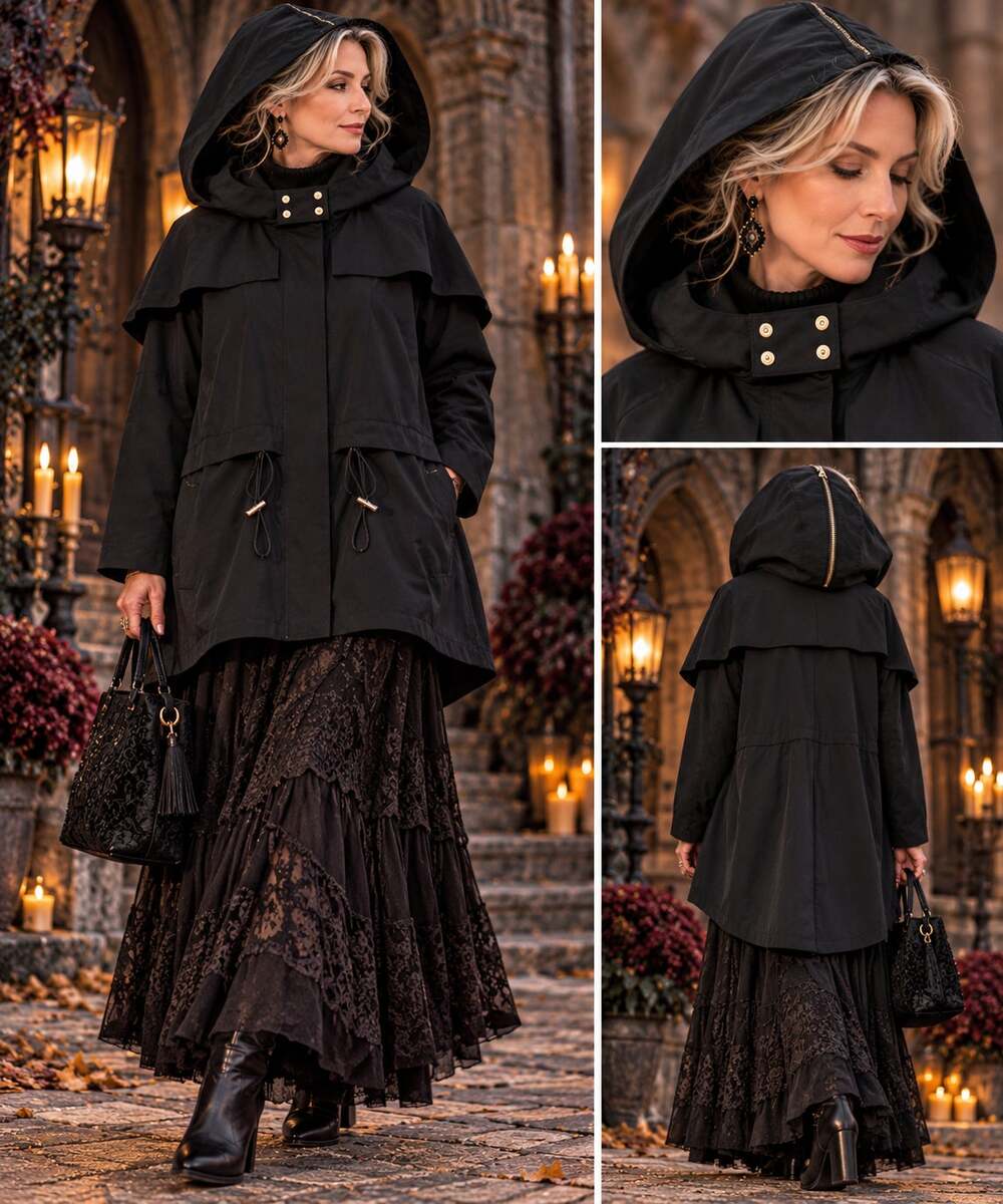 St. John Womens XL Black Hooded Parka Jacket High Low Hem Detachable Hood